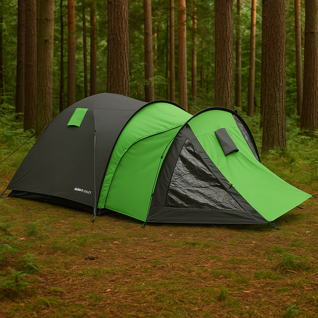 Cort camping 4 persoane cu antreu, impermeabil 3000 mm, 450x210x150 cm, negru si verde [10]