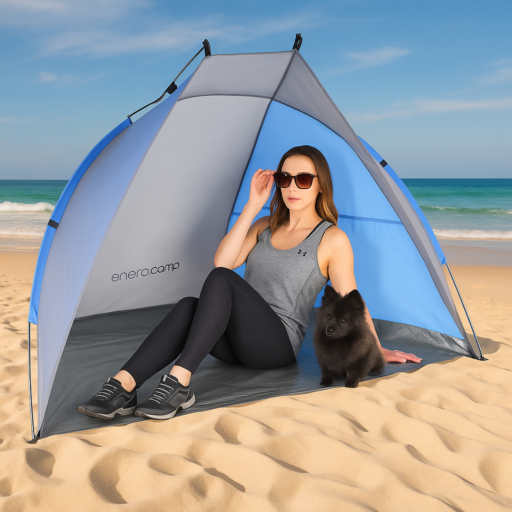 Cort plaja pentru 2 persoane, cu protectie UV si podea izolanta, 200x100x105 cm, albastru si gri [7]