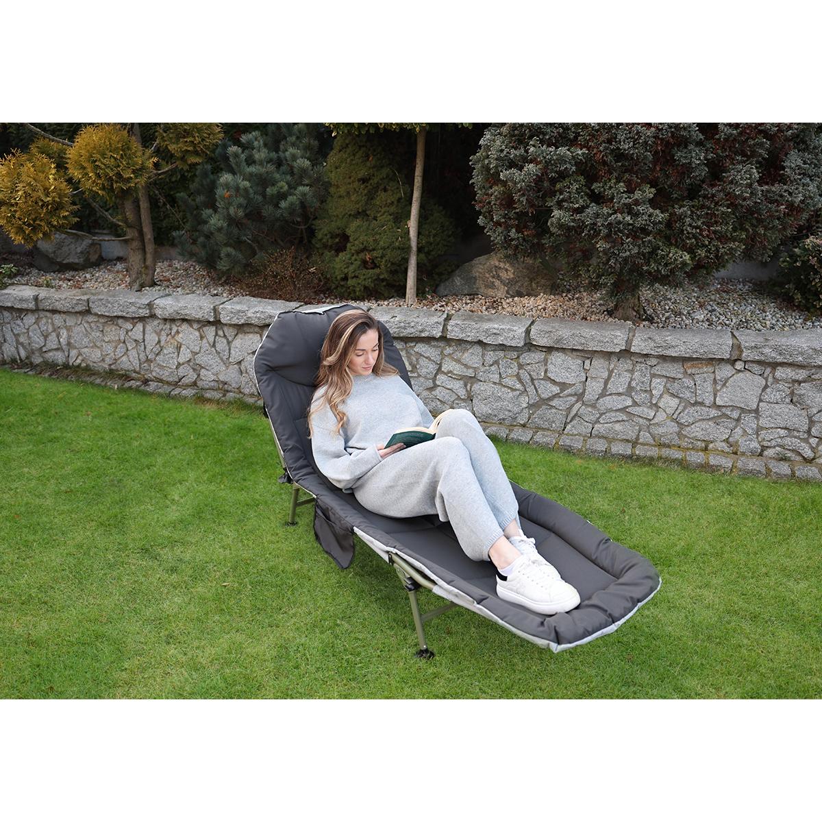 Pat camping turistic, pliabil, Deluxe cu spatar reglabil, maxim 150kg, 190x64x30 cm, gri [9]