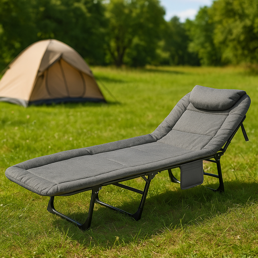 Pat pliabil camping Deluxe Trip cu spatar reglabil tip sezlong, 200x65x29 cm, gri [11]