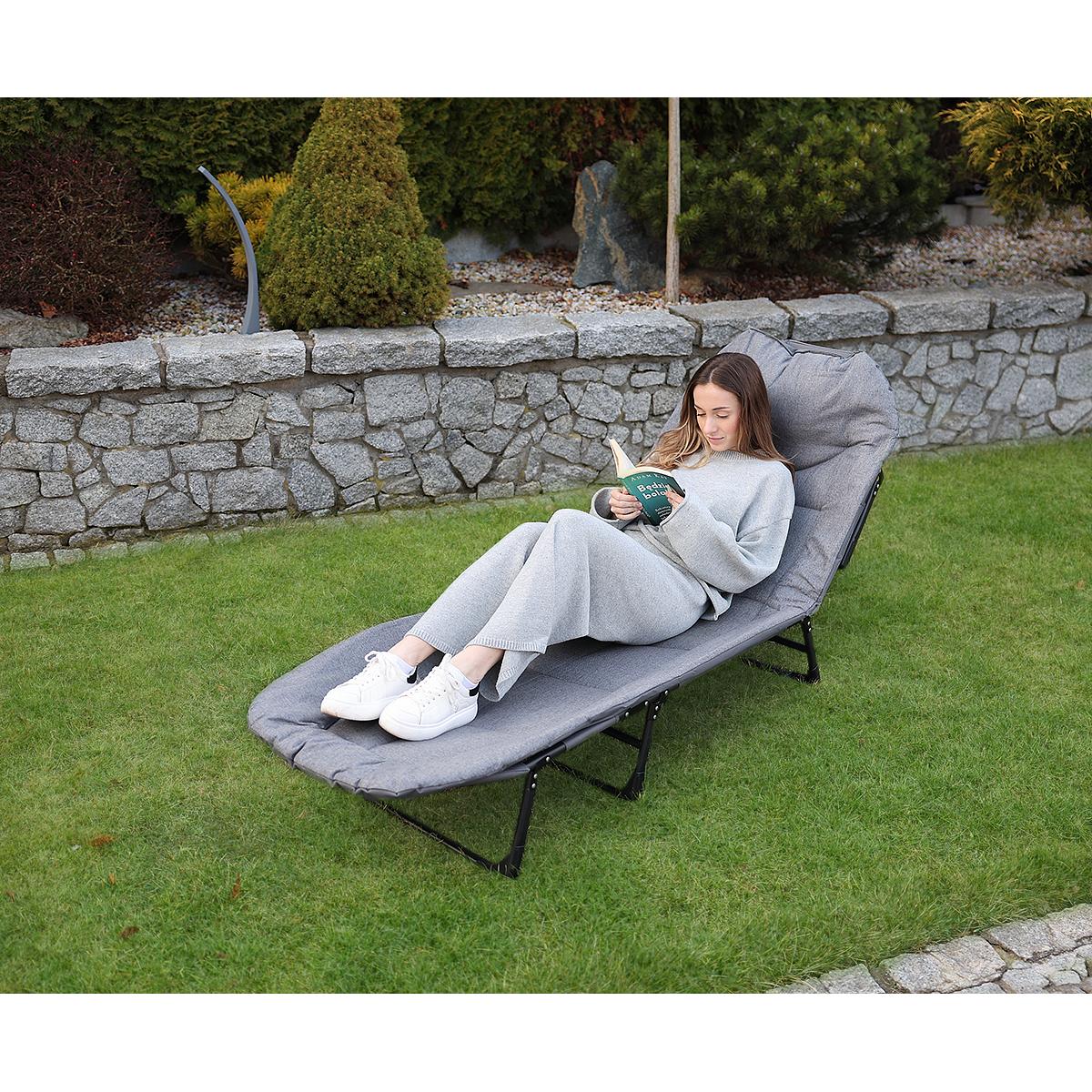 Pat pliabil camping Deluxe Trip cu spatar reglabil tip sezlong, 200x65x29 cm, gri [10]