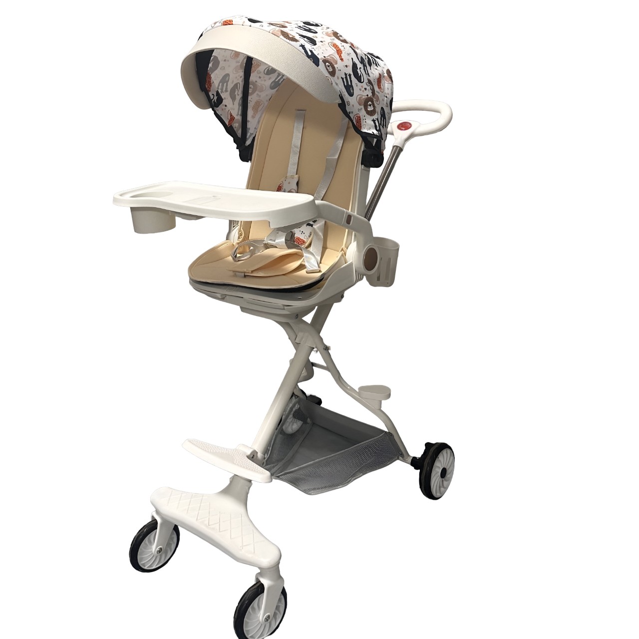 Carucioare Copii - Carucior Sport 3in1, 6-36 Luni, Reversibil, Pliabil, Tavita pentru Masa, Pozitie de Somn, Centura de Siguranta, Roti 360, Suport Pahar, Copertina pentru Soare, 32x63x95cm, Crem Model Jungla