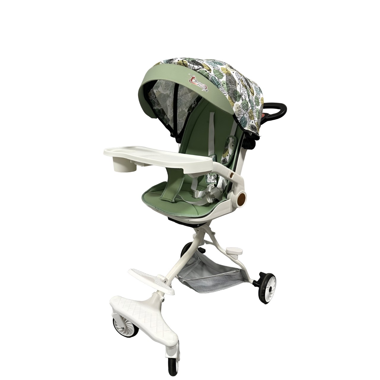 Carucioare Copii - Carucior Sport 3in1, 6-36 Luni, Reversibil, Pliabil, Tavita pentru Masa, Pozitie de Somn, Centura de Siguranta, Roti 360, Suport Pahar, Copertina pentru Soare, 32x63x95cm, Verde Model Frunze
