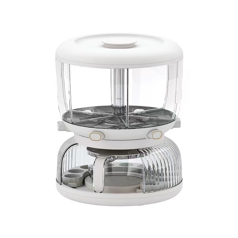 Organizatoare si Depozitare Bucatarie - Dozator etajat de cereale , rotativ 360, 6 compartimente, capacitate 10L, cofrag special pentru oua, vas pentru scurgerea cerealelor, 35x27.5 cm, alb