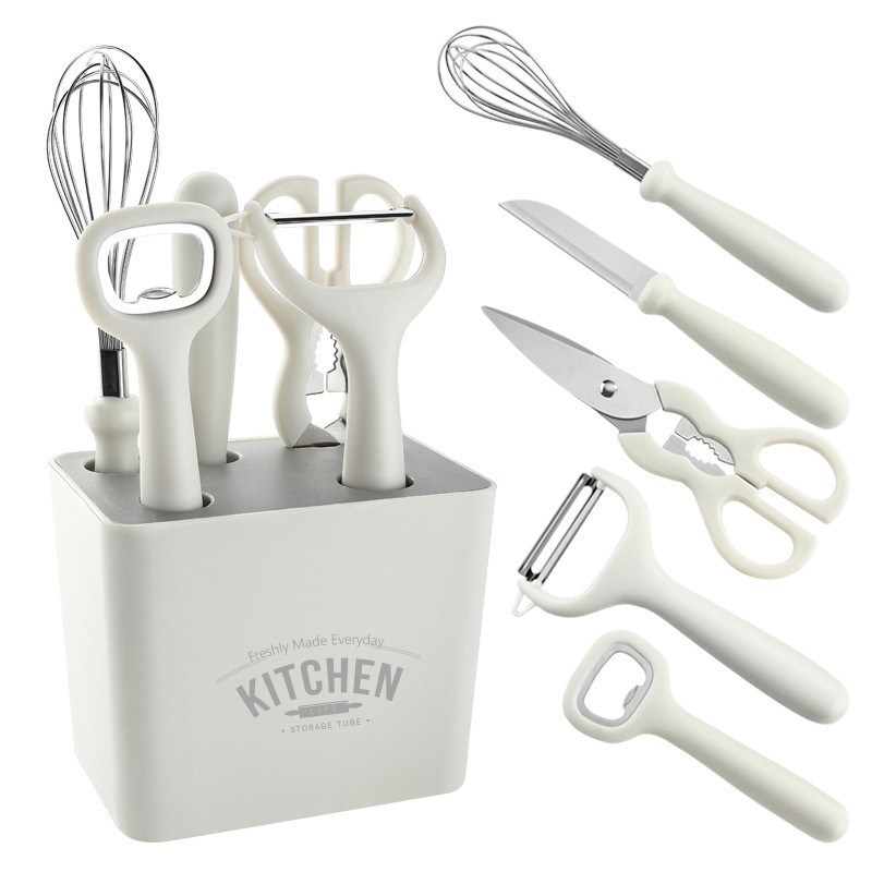 Ustensile pentru Bucătărie - Set 6 ustensile bucatarie , cu suport inclus, desfacator, curatator legume, foarfeca, cutit, tel, ABS si inox, alb