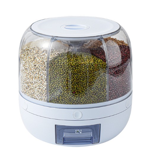 Organizatoare si Depozitare Bucatarie - Dozator de cereale , rotativ 360, 6 compartimente, capacitate 3 L, rezistent la umezeala, inchidere etansa, alb