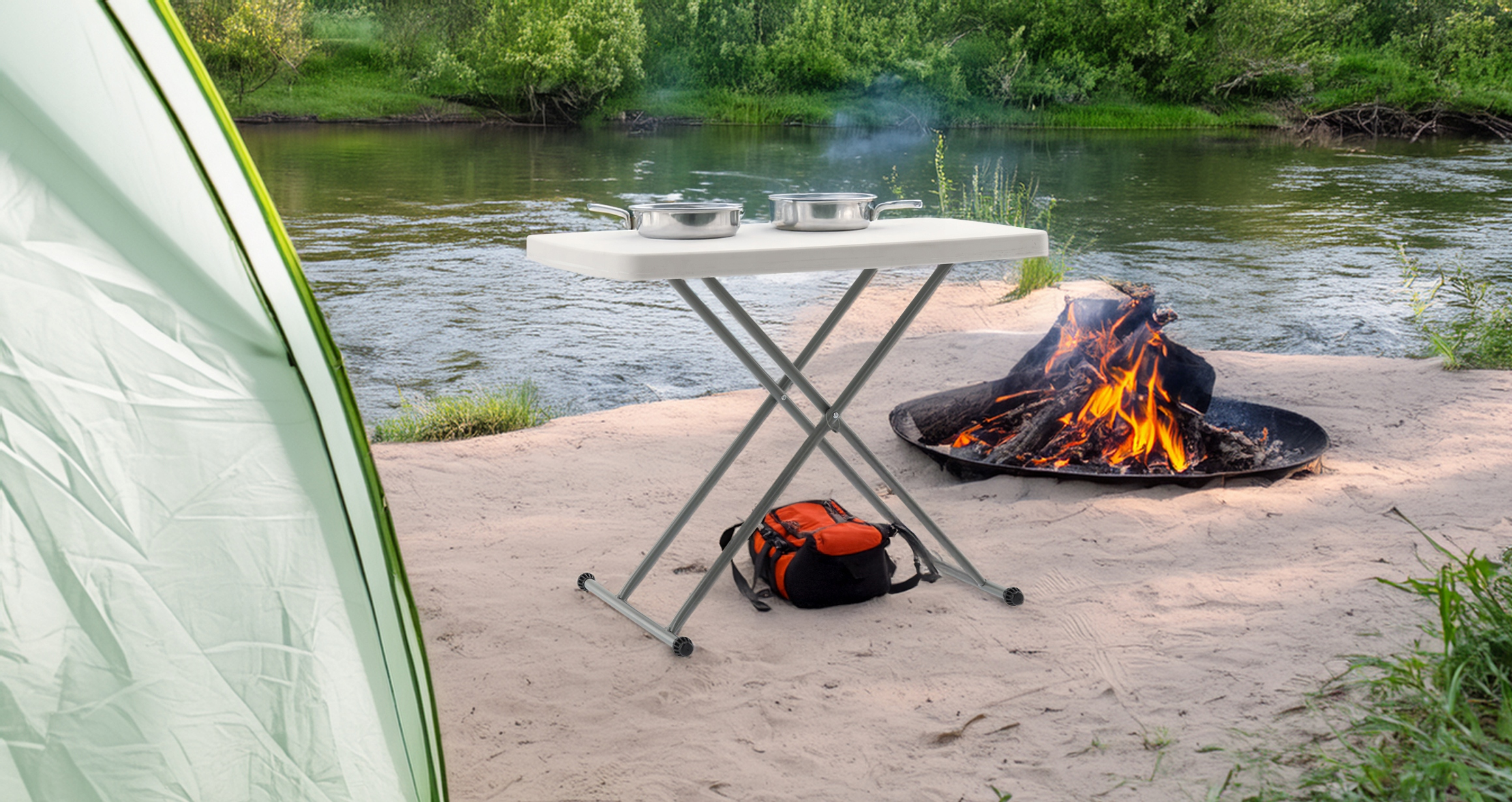 Masa pliabila 76x50 cm, inaltime reglabila 36-71 cm, pentru terasa, gradina sau camping, HDPE alb [6]