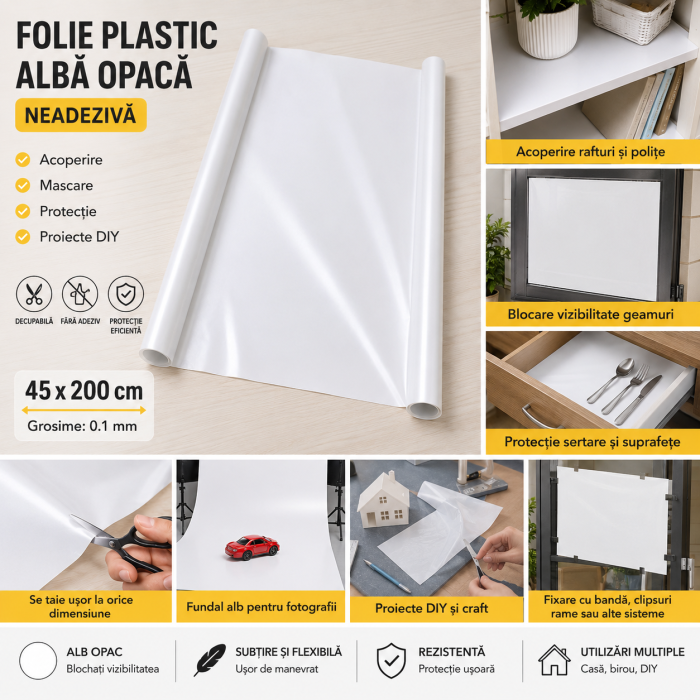 Folie Plastic Alba Opaca Neadeziva, Decupabila, 45 x 200 cm, pentru Acoperire si DIY - ORIGINAL DEALS [5]
