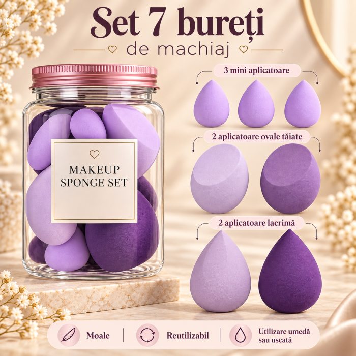 Set 7 bureti de machiaj ORIGINAL DEALS, forma ovala, poliuretan hidrofil, mov, 5.5 x 5.5 x 0.9 cm [3]