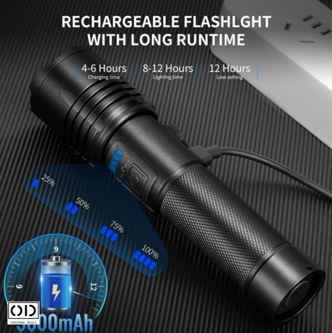 Lanterna LED P50 ORIGINAL DEALS, 1500 lm, zoom telescopic, acumulator 3200 mAh, IP44, negru [19]