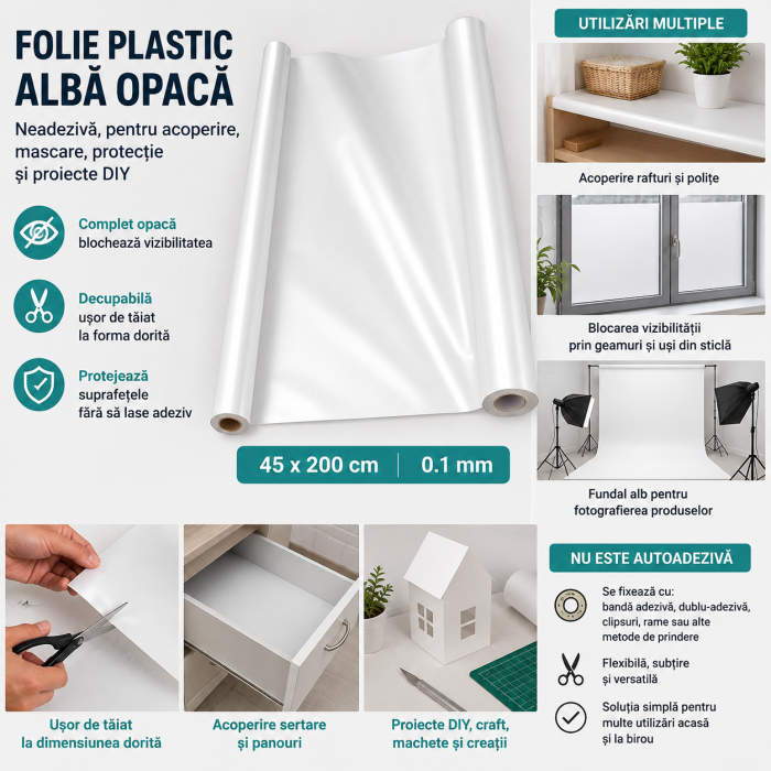 Folie Plastic Alba Opaca Neadeziva, Decupabila, 45 x 200 cm, pentru Acoperire si DIY - ORIGINAL DEALS [2]