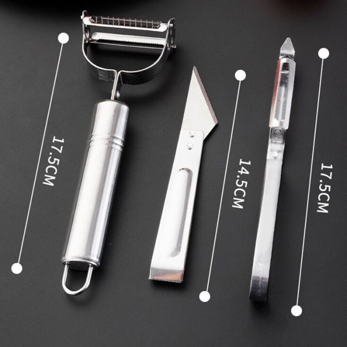 Accesorii de Curatat Decojit Fructe Legume, , Set 3 Piese, Feliator Cutit Decojitor, Legume si Fructe, din Otel Inoxidabil, cu Maner, Argintiu [2]