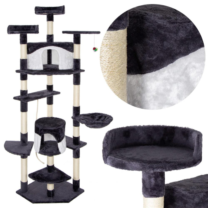 Ansamblu de joaca pentru pisici, cu loc pentru zgariat, ascuns, culcus, minge, sfoara, 203cm, gri inchis [10]