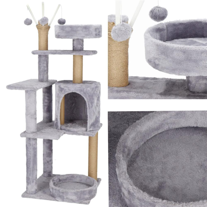 Ansamblu de joaca pentru pisici, cu loc pentru zgariat, ascuns, culcus, mingi, 127cm, gri [7]