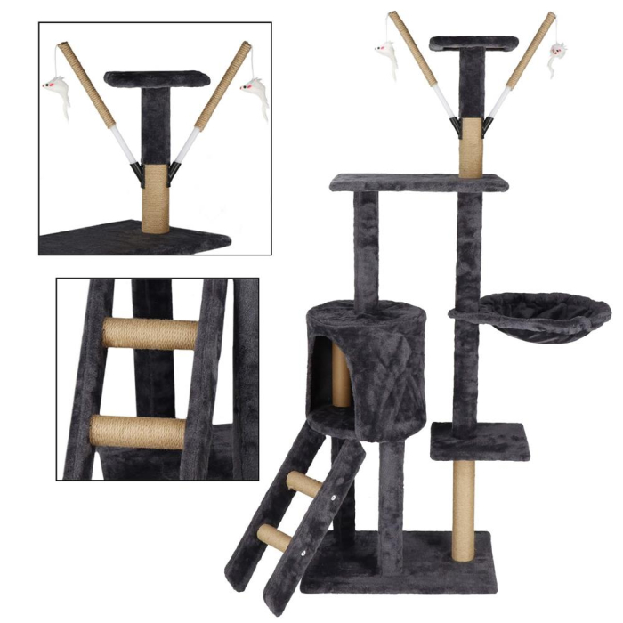 Ansamblu de joaca pentru pisici, cu loc pentru zgariat, ascuns, culcus, mingi, 145cm, grafit [13]