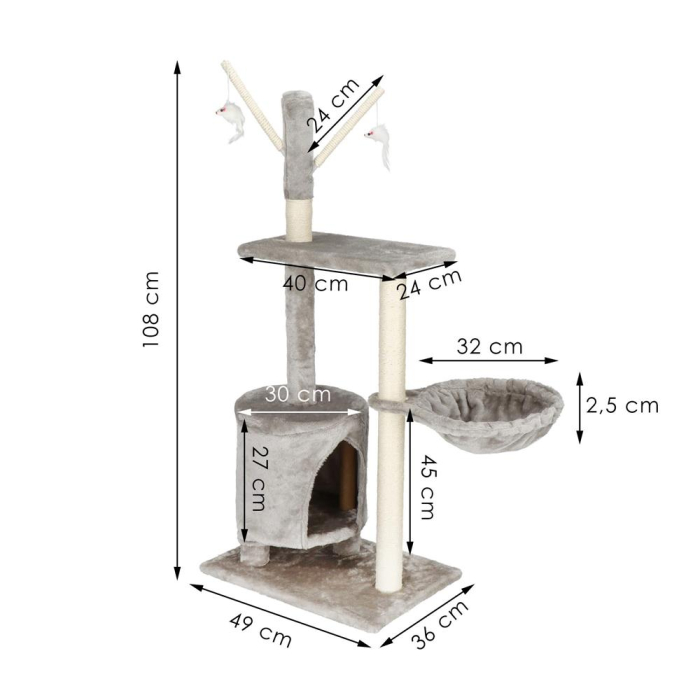 Ansamblu de joaca pentru pisici, cu loc pentru zgariat, ascuns, culcus, soricei, 108cm, gri [8]
