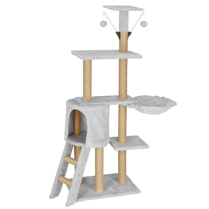 Ansamblu de joaca pentru pisici, cu loc pentru zgariat, ascuns, culcus, soricei, 136cm, gri [11]