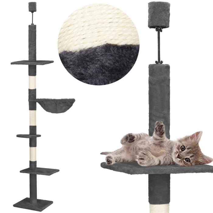 Ansamblu de joaca pentru pisici, tip stalp de catarat pana la tavan, inaltime reglabila, 240 - 265 cm, gri inchis [10]