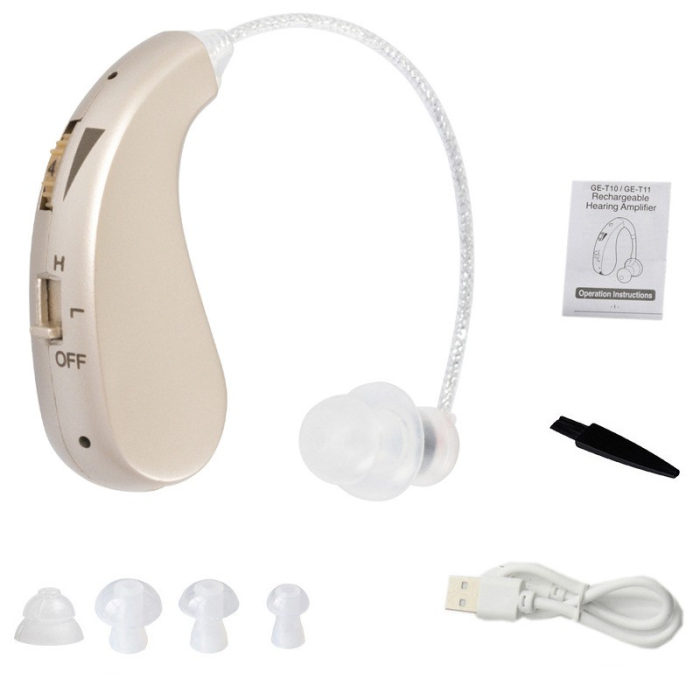 Aparat auditiv retroauricular BTE Reincarcabil, , Set 2 bucati Stinga Dreapta, Standard European, Aparat auditiv Cu incarcator, Aparat pentru Auz, 12 x 8.5 x 4 cm, 89 g, Auriu [2]