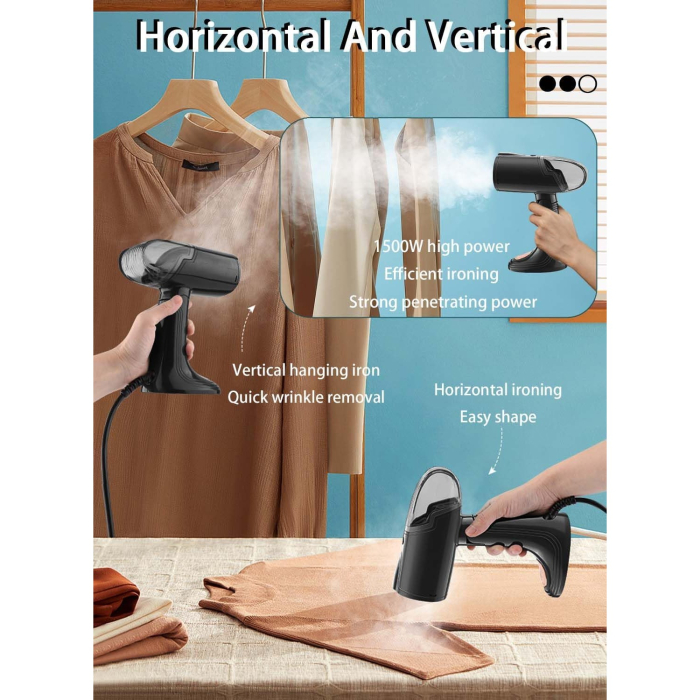 Aparat de Calcat Vertical Portabil cu Abur, , Putere 1500W, Rezervor Detasabil de 138ml, Priza, Functie Anti Calcar si Auto Curatare, Pliabil, cu Perie, 20x10.5x8 cm, Negru [8]