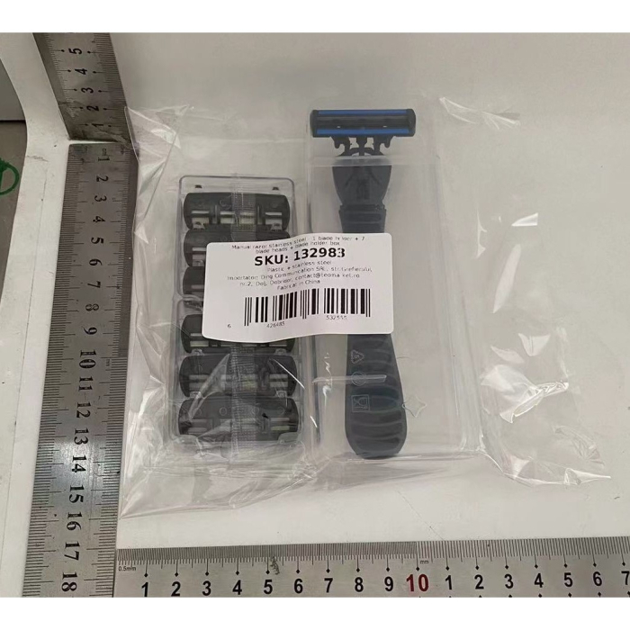 Aparat de Ras Manual, , din Otel Inoxidabil, Suport Lama + 7 Capete de Schimb Incluse, Cutie pentru Lame, Negru [5]