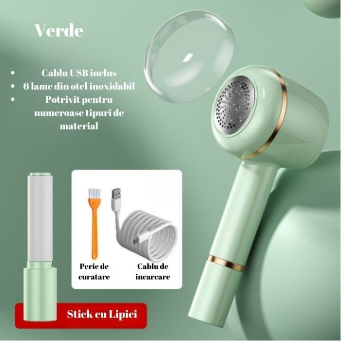 Aparat Pentru Curatat Scame, Par Si Praf, , Pentru Diferite Tipuri De Material, Cu Lame Din Otel Inoxidabil, Incarcare Prin USB Type-C, Cu Perie De Curatare, Cablu USB Si Stick Cu Lipici Incluse, Verde, 220 x 86 mm [6]