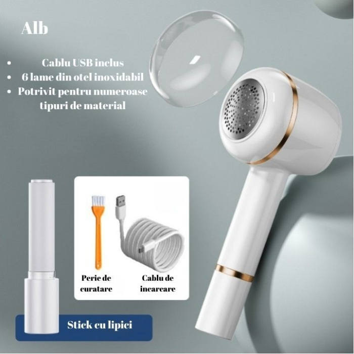 Aparat Pentru Curatat Scame, Par Si Praf, , Pentru Diferite Tipuri De Material, Cu Lame Din Otel Inoxidabil, Incarcare Prin USB Type-C, Cu Perie De Curatare, Cablu USB Si Stick Cu Lipici Incluse, Alb, 220 x 86 mm [5]
