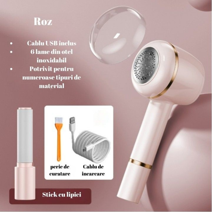 Aparat Pentru Curatat Scame, Par Si Praf, , Pentru Diferite Tipuri De Material, Cu Lame Din Otel Inoxidabil, Incarcare Prin USB Type-C, Cu Perie De Curatare, Cablu USB Si Stick Cu Lipici Incluse, Roz, 220 x 86 mm [4]