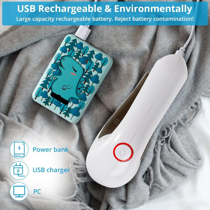 Aparat Pentru Curatat Scame, Par Si Praf, , Trimmer pentru Diferite Tipuri De Material, Cu Lame Din Otel Inoxidabil, Maner Ergonomic, Incarcare Prin USB, 15x6x9 cm, Alb [12]