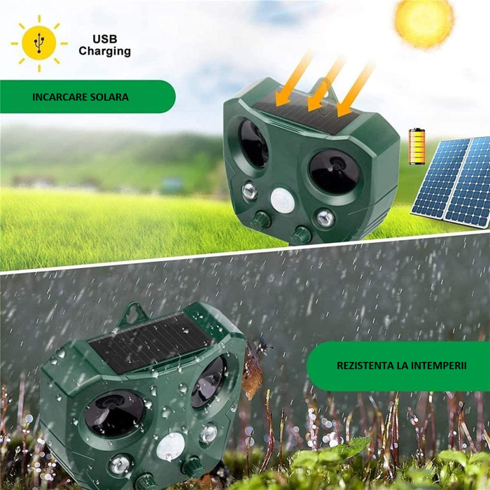 Aparat Solar LED cu Ultrasunete, , Repelent pentru Animale Mari si Mici, Lumina Rosie si Alba, Anti Rozatoare, Anti Insecte, 15 x 14 x 24 cm, Verde [6]