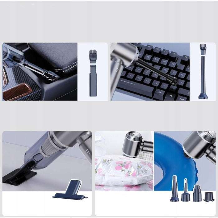 Aspirator Portabil Auto, , pentru Casa si Masina, 3 Viteze, Incarcator Tip-C cu Incarcare Rapida, Tub Prelungitor, 2000mAh, 7 Capete de Aspirare si Suflare, 21x20x6.5 cm, Negru [7]