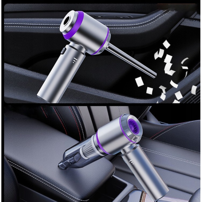 Aspirator Portabil Auto, , pentru Casa si Masina, 3 Viteze, Incarcator Tip-C cu Incarcare Rapida, Tub Prelungitor, 2000mAh, 7 Capete de Aspirare si Suflare, 21x20x6.5 cm, Argintiu Mov [8]
