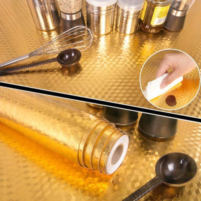 Autocolant de Bucatarie, , Autoadeziv, Impermeabil, Rezistent la Temperaturi Ridicate, din PVC, 60 x 100 cm, Model Cub 3D, Auriu [4]