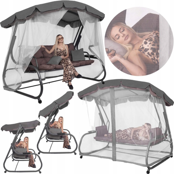 Balansoar gradina 226x126x192 cm, 3 in 1 leagan, pat si relaxare, cu plasa anti-insecte, copertina reglabila, saltea si perne incluse, gri si maro [3]