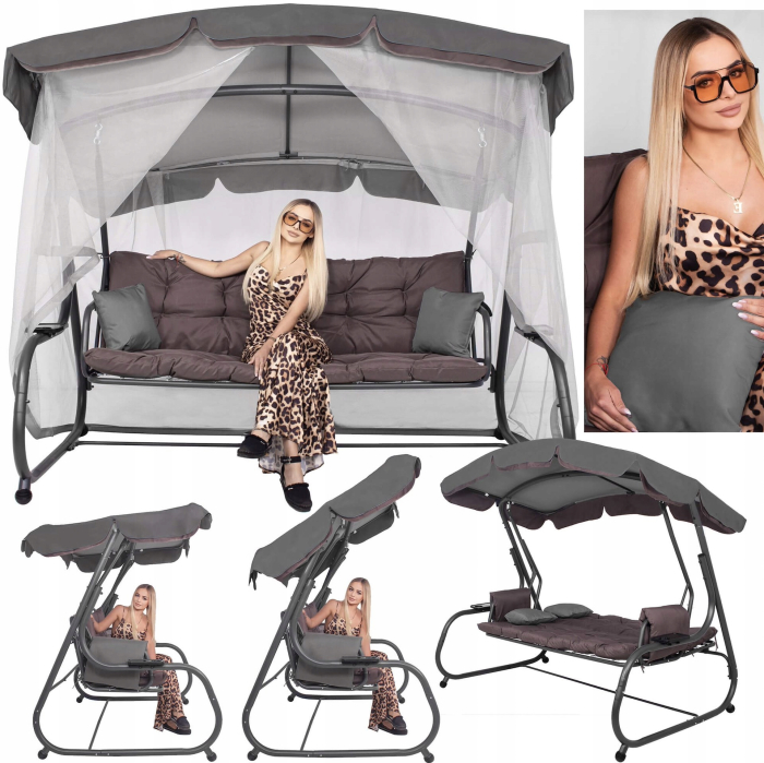 Balansoar gradina 226x126x192 cm, 3 in 1 leagan, pat si relaxare, cu plasa anti-insecte, copertina reglabila, saltea si perne incluse, gri si maro [6]