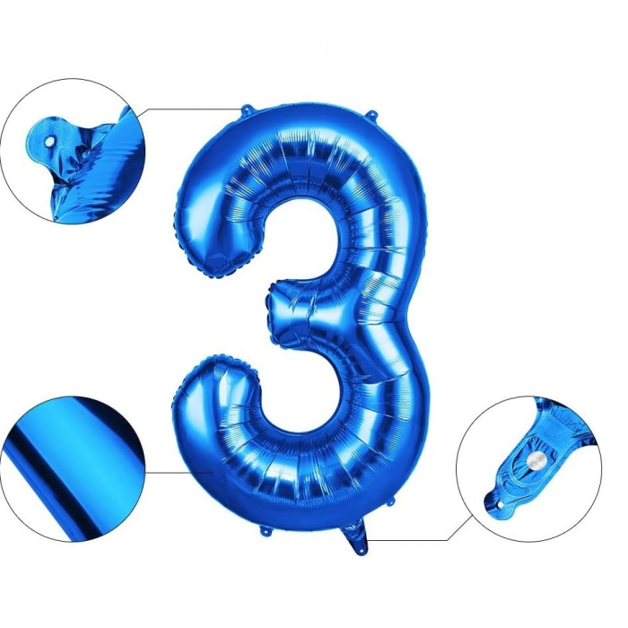 Balon din Folie , Cifra 3, 81 cm, Pentru Aer sau Heliu, Albastru [4]