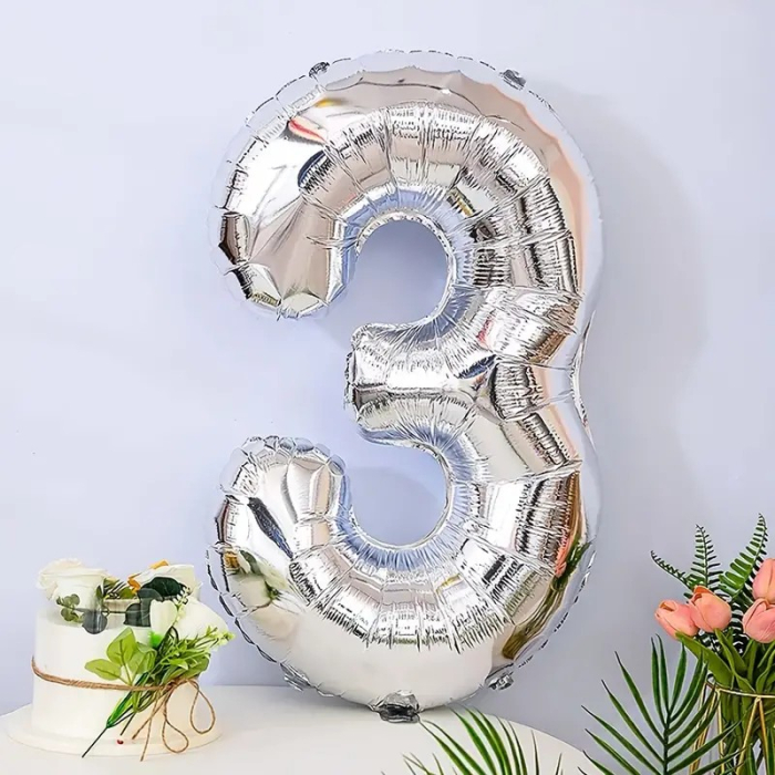 Balon din Folie , Cifra 3, 81 cm, Pentru Aer sau Heliu, Bulk, Argintiu [2]