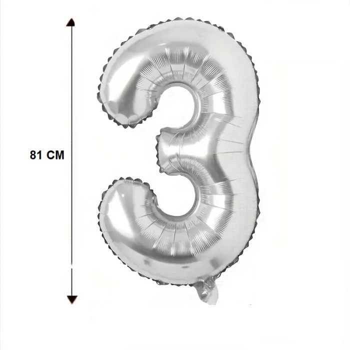 Balon din Folie , Cifra 3, 81 cm, Pentru Aer sau Heliu, Bulk, Argintiu [5]
