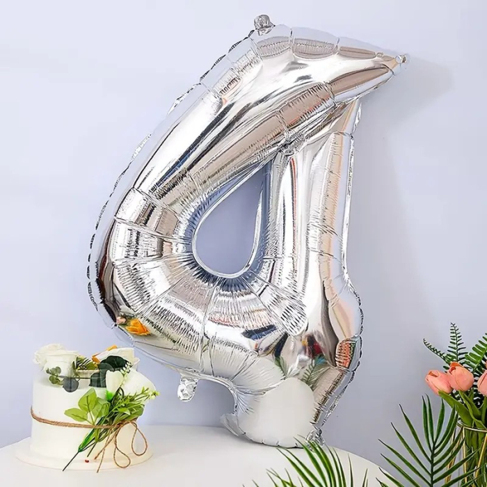 Balon din Folie , Cifra 4, 81 cm, Pentru Aer sau Heliu, Bulk, Argintiu [2]