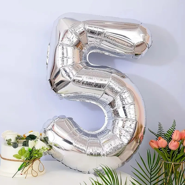 Balon din Folie , Cifra 5, 81 cm, Pentru Aer sau Heliu, Bulk, Argintiu [2]