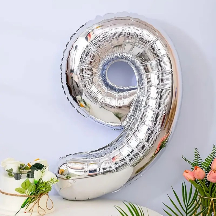 Balon din Folie , Cifra 9, 81 cm, Pentru Aer sau Heliu, Bulk, Argintiu [2]