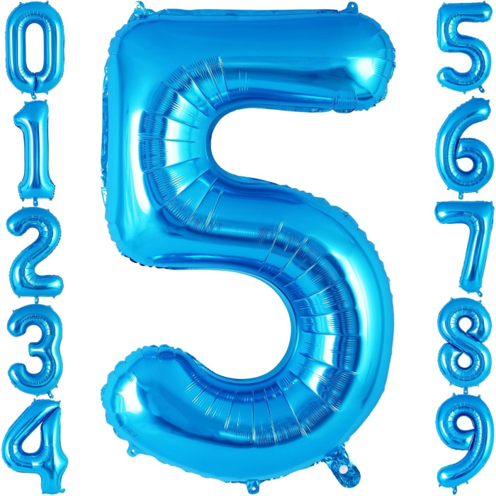 Balon din folie metalizata, , Balon aniversar, 40 cm, Albastru, Ambalaj Individual, Pai inclus, Cifra 5 [6]