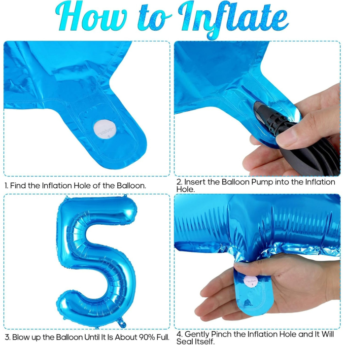 Balon din folie metalizata, , Balon aniversar, 40 cm, Albastru, Ambalaj Individual, Pai inclus, Cifra 5 [2]