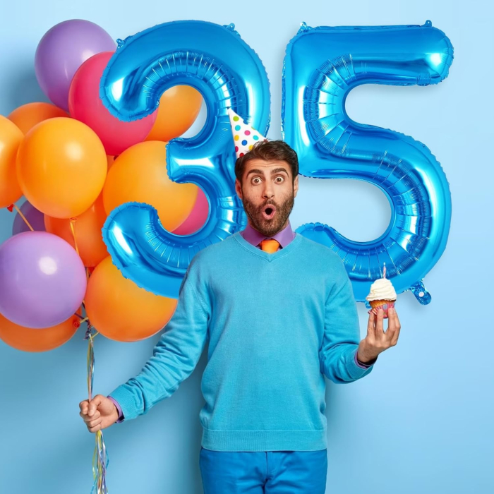 Balon din folie metalizata, , Balon aniversar, 40 cm, Albastru, Ambalaj Individual, Pai inclus, Cifra 5 [3]