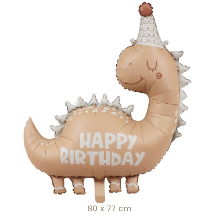 Balon din Folie Metalizata, , Figurina Animata, Model Dinozaur Happy Birthday, 80 x 77 cm, Ambalaj Individual, Pai Inclus, Umflare cu Aer sau Heliu, Maro [2]