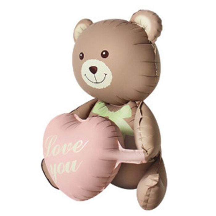 Balon din Folie Metalizata, , Figurina Animata, Model Ursulet cu Inimioare, 105.5 x 66.5 cm, Ambalaj Individual, Pai Inclus, Umflare cu Aer sau Heliu, Maro [2]