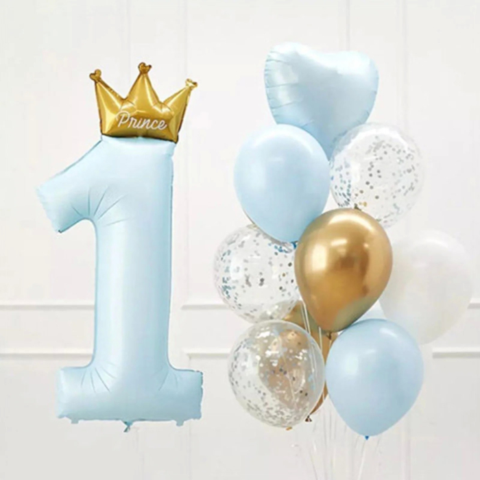 Balon din Folie Metalizata, , Figurina Cifra 1, Model Coroana Print, 91 cm, Ambalaj Individual, Pai inclus, Umflare cu Aer sau Heliu, Albastru [4]