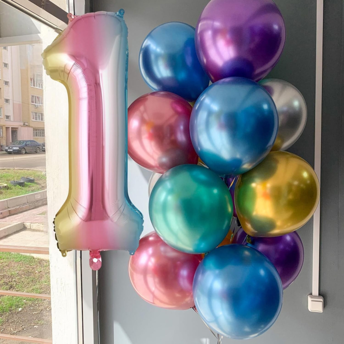 Balon din Folie Metalizata , Figurina Cifra Gradient, Tema Aniversare 40 cm, Ambalaj Individual, Pai inclus, Umflare cu Aer sau Heliu, Multicolor, Cifra 1 [5]