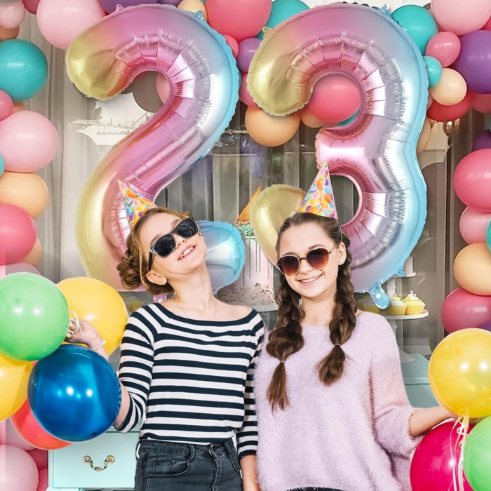 Balon din Folie Metalizata , Figurina Cifra Gradient, Tema Aniversare 40 cm, Ambalaj Individual, Pai inclus, Umflare cu Aer sau Heliu, Multicolor, Cifra 3 [2]
