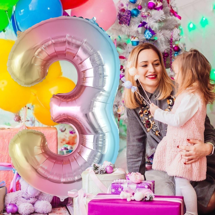 Balon din Folie Metalizata , Figurina Cifra Gradient, Tema Aniversare 40 cm, Ambalaj Individual, Pai inclus, Umflare cu Aer sau Heliu, Multicolor, Cifra 3 [3]